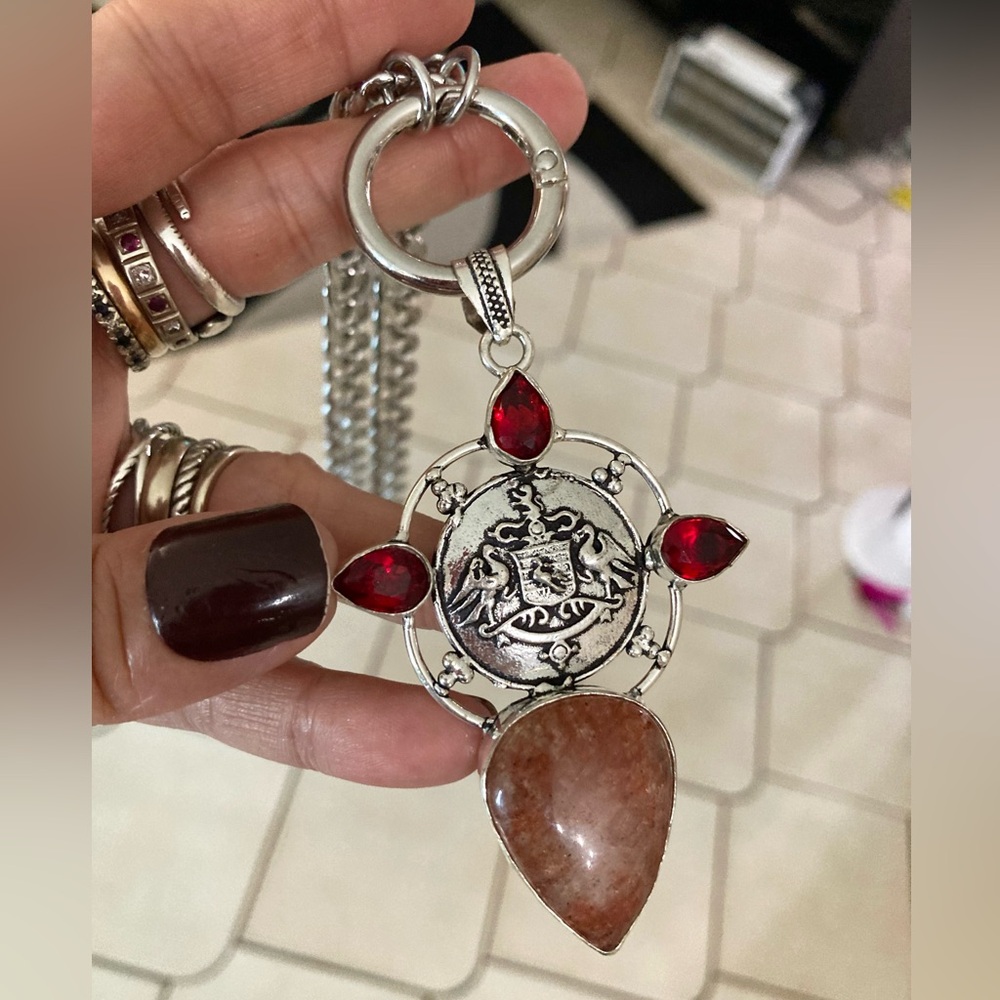 925 Sterling silver overlay orange brown agate & red garnet stones boho necklace - Picture 15 of 15